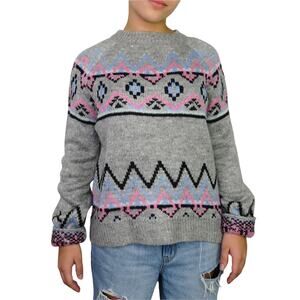 Vintage Arizona Fair Isle Sweater Gray Pink Preppy Geometric Knit Sweater Medium